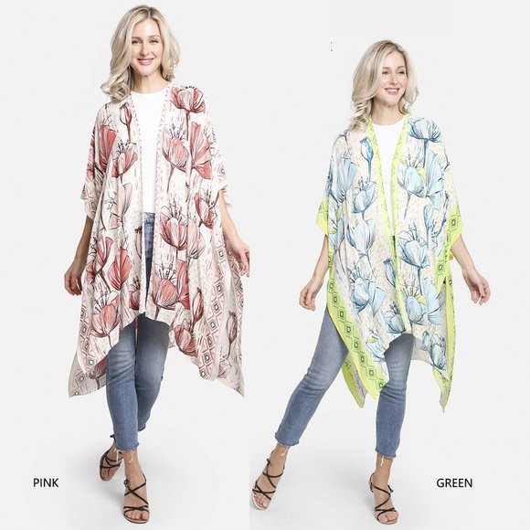 P/S Floral Print Cover up·Kimono·Wrap·Swimsuit Cover·Bikini Cover up·Comfyluxe - Picture 1 of 3